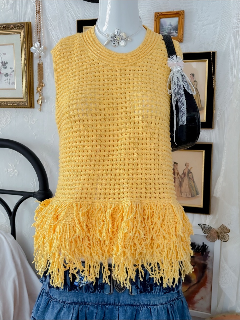 Bohemian coastal girly open knit fringe butter yellow sleeveless top